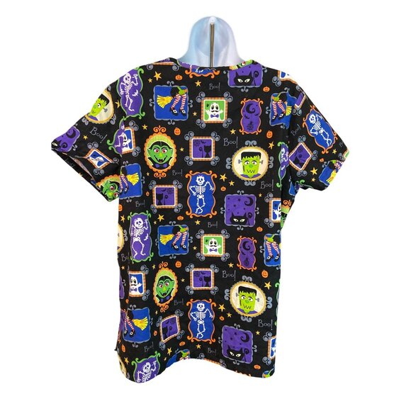 SB Scrubs Halloween Print Top L Witch Skeleton Cat Bat Pumpkin Nurse Shirt - Picture 3 of 8